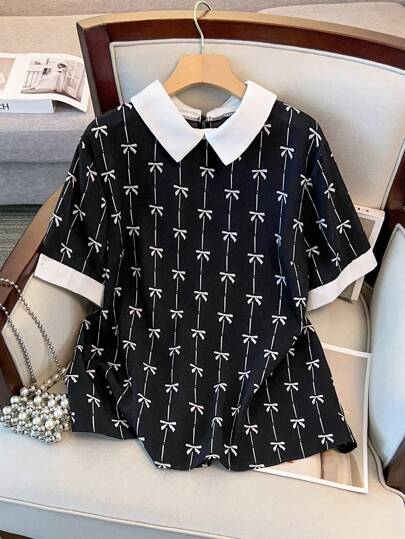 GlowEve CURVE 大码撞色领短袖圆点印花衬衫