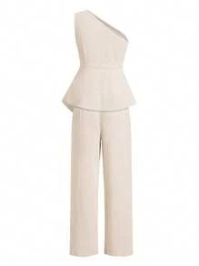 SHEIN Clasi Set di pantaloni lunghi e top in colore kaki con vita arricciata e spalla asimmetrica, elegante, per vacanze, primavera/estate - Albicocca - Visualizzare 2