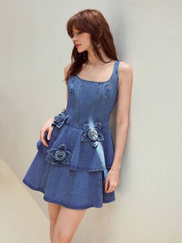 MOTF STUDIO 立体花卉水洗牛仔连衣裙