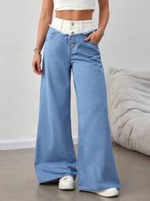 SHEIN Tall 女士牛仔裤 腰部拼接宽松阔腿裤 低腰阔腿牛仔裤 蓝色女士牛仔裤 低腰牛仔裤 宽松牛仔裤 女士宽松裤 女士夏季服装 90 年代服装 女士春季服装 Y2k 服装 - 淺色水洗藍 - 查看 1
