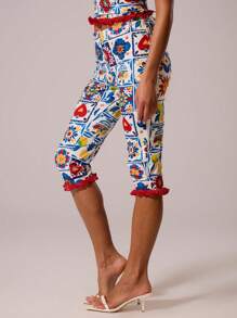 MUSERA Contrast Frill Fitted Print Capri Pants Co Ord Bottom Only Summer Cute Vacation Holiday Festival Sexy Elegant La Fruita - Multicolor - View 3