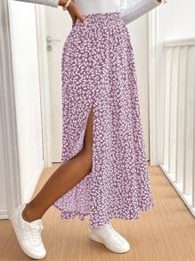 SHEIN Frenchy 女式碎花开叉下摆荷叶边长裙，时尚休闲夏季