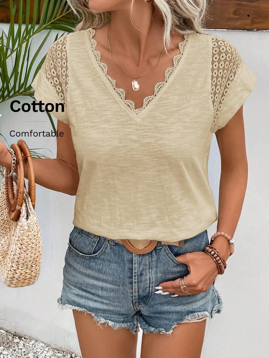 SHEIN Frenchy 女式夏季V领撞色蕾丝休闲短袖T恤 - 米色 - 查看 1