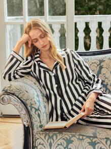 SHEIN EverLounge Conjunto de pijama de pantalón y blusa de manga larga a rayas de una hilera de botones para mujer, para vacaciones