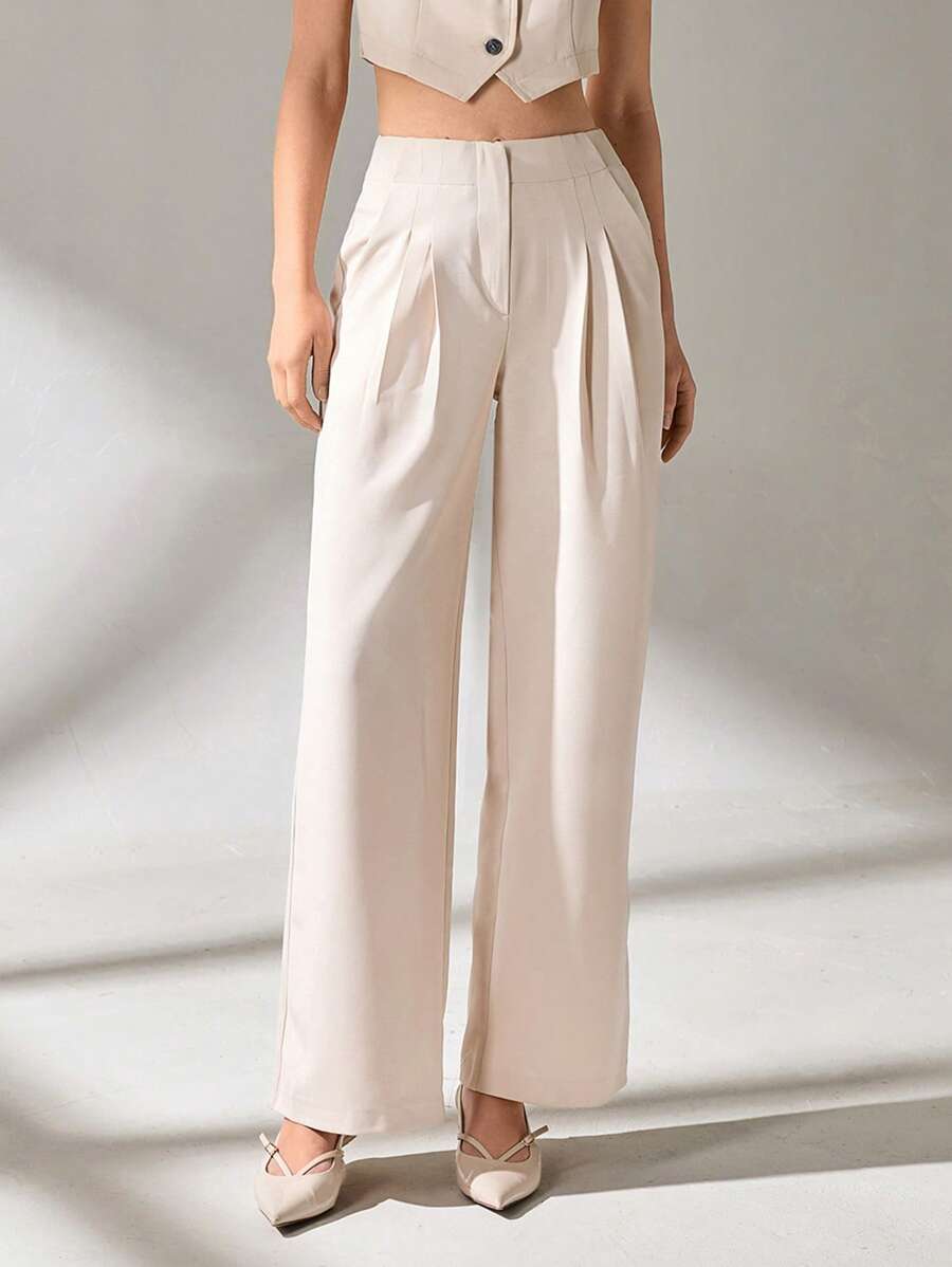 CLARA VERO Pantalones de mujer de pierna ancha de unicolor con detalles de bolsillo