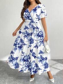 Modelyn Casual Retro BlueFloral Pattern Loose Plus Size Dress, Suitable For Autumn/Winter Boho Suitable For Going Out Chic Dress - Blue and White - View 1