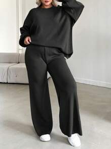 EURMUSE Plus Size Sweatshirt Set, Solid Color Long Sleeve Sweatshirt & Pants, Fashionable For Summer - Black - View 4