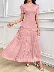 Modelyn Women's Solid Color Asymmetric Neck Short Puff Sleeve Floral Decor Ruffle Hem Elegant Dress