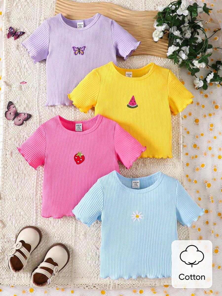 SHEIN 4pcs Baby Girl Casual Versatile Cute Embroidered Short Sleeve Tops - Pink - View 1
