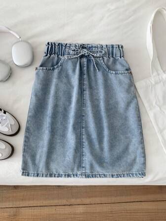 Tween Girl Light Wash Blue Cotton Denim Ruffle Waist Skirt, 2 Front Pockets, Modest Boho Casual Style, Essential Versatile Denim Item For Girls In Spring/Summer, School, Campus, College