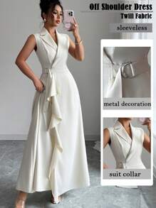 Elenzga 波西米亚风斜襟 V 领无袖荷叶边下摆连衣裙，适合夏季海滩度假 - 杏色 - 查看 1