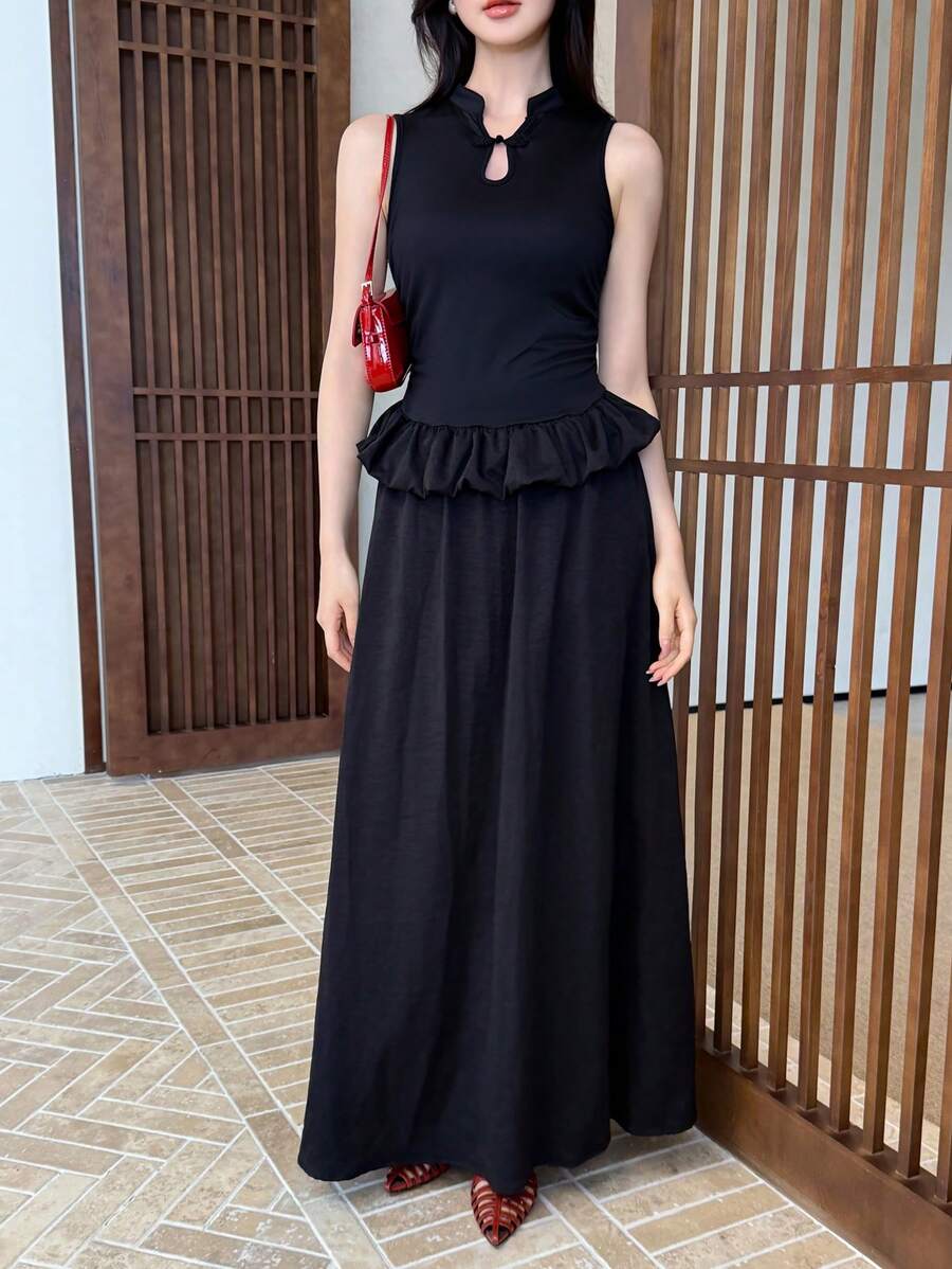 Breezaya Women's Long Waist-Cinching Sleeveless Button Up Elegant Dress - Black - View 1