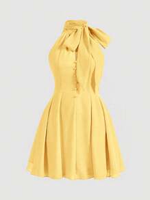 SHEIN MOD Vestido sin mangas con volantes en el bajo y lazo de cinta rosa para mujer de talla grande - Amarillo - Ver 1