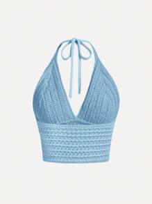 SHEIN MOD Neck-Tie Waist Soft Casual Music Festival Women Knitted Top Sexy Tops Women,Halter Tops - Teal Blue - View 2