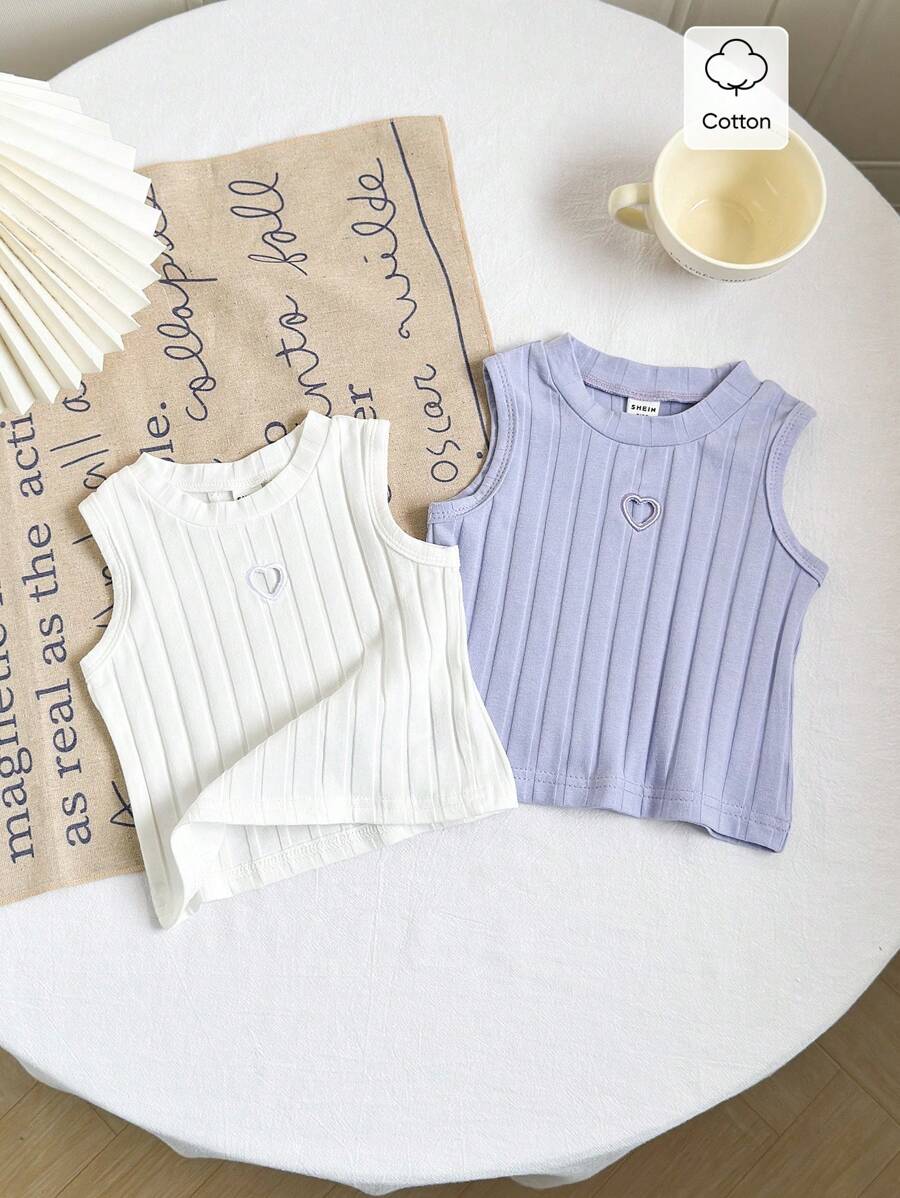 SHEIN 2pcs/Set Baby Girl Infant Toddler 0-3 Years Spring/Summer New Basic Hollow Heart Crew Neck Sleeveless Short Tee Shirt Top, Cotton Blend Knit, Pink & White - Multicolor - View 1