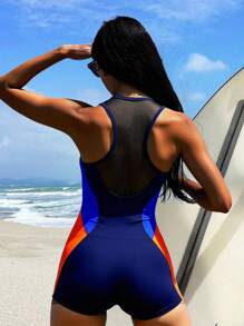 Swim Nautrix 女士沙滩装工字背拼接黑色网眼撞色连体泳衣，适合运动型水上活动和休闲冲浪 - 彩色 - 查看 3