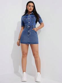 SHEIN Plus Size Women's Denim Button Half Placket Short Sleeve Pocketed Casual Dress - Blue - View 4