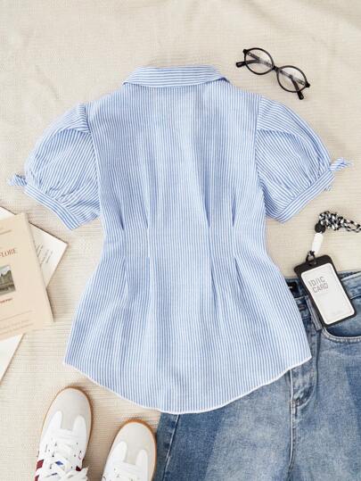 SHEIN Elladie kids Striped Front Button Short Sleeve Casual Shirt, Lantern Sleeve Bow Pleated Waist A-Line Flattering, Suitable For Commuting And Vacation, Summer Summer Shirts For Girls Summer Holiday
