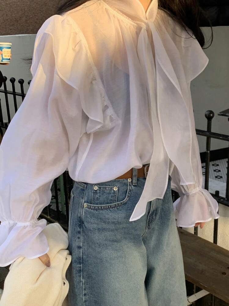 Stand Collar Bowknot Sheer Ruffle Lantern Sleeve Tie Waist Long Sleeve Blouse For Women,Fall Women Clothes Vacation