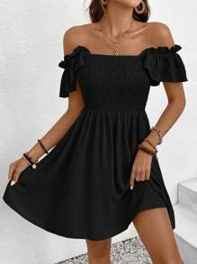 SHEIN Frenchy Váy chữ A cổ vuông màu trơn, phong cách mùa hè giản dị có phần eo - màu đen - Xem 4