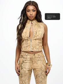 SUMWON WOMEN Designer Snake Print Sleeveless Moto Vest Crop Top Fashion Statement Piece Zipper Front Party Club Festival Summer Streetwear - Multicolor - View 1