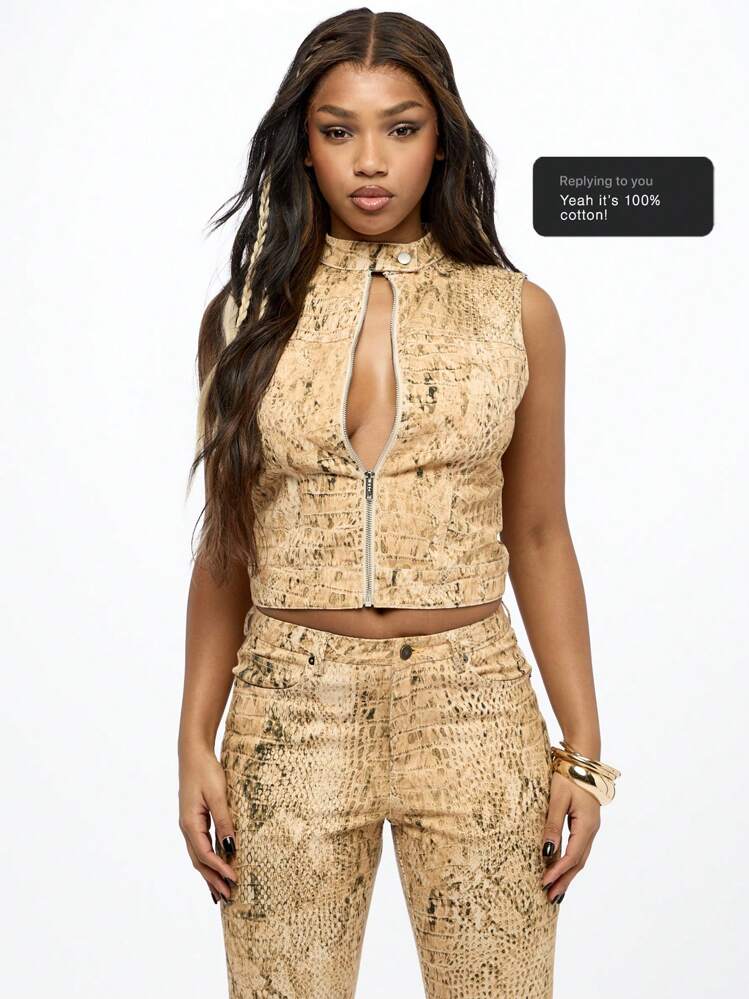 SUMWON WOMEN Designer Snake Print Sleeveless Moto Vest Crop Top