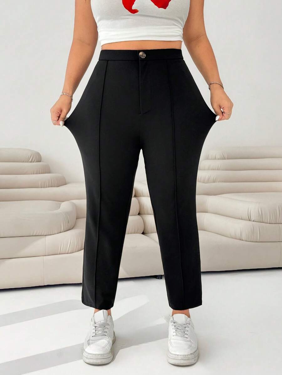 SHEIN EZwear 女士大碼休閒純色9/10長度緊身褲 - 黑色 - 查看 1