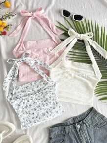 SHEIN Set de 3 piezas Top corto de punto texturizado de corte ajustado con escote halter, lazo decorativo y estampado floral ditsy azul y blanco para niña preadolescente de vacaciones elegante