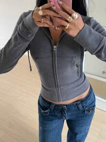 SHEIN EZwear Áo khoác trùm đầu có khóa kéo phong cách cổ điển, hàng mới về mùa thu - Màu xám đen - Xem 3