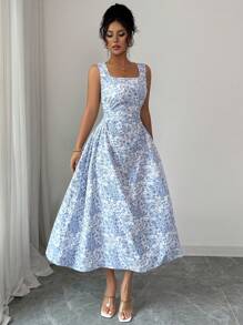 Rafferiza Women's French Holiday Blue Floral Print Ruffle Sleeveless Dress - Blue - View 3