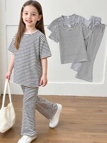 SHEIN 2pcs/Set Young Girls Elastic Striped Short Sleeve T-Shirt & Bell-Bottom Pants Outfit, Summer - Multicolor - View 1