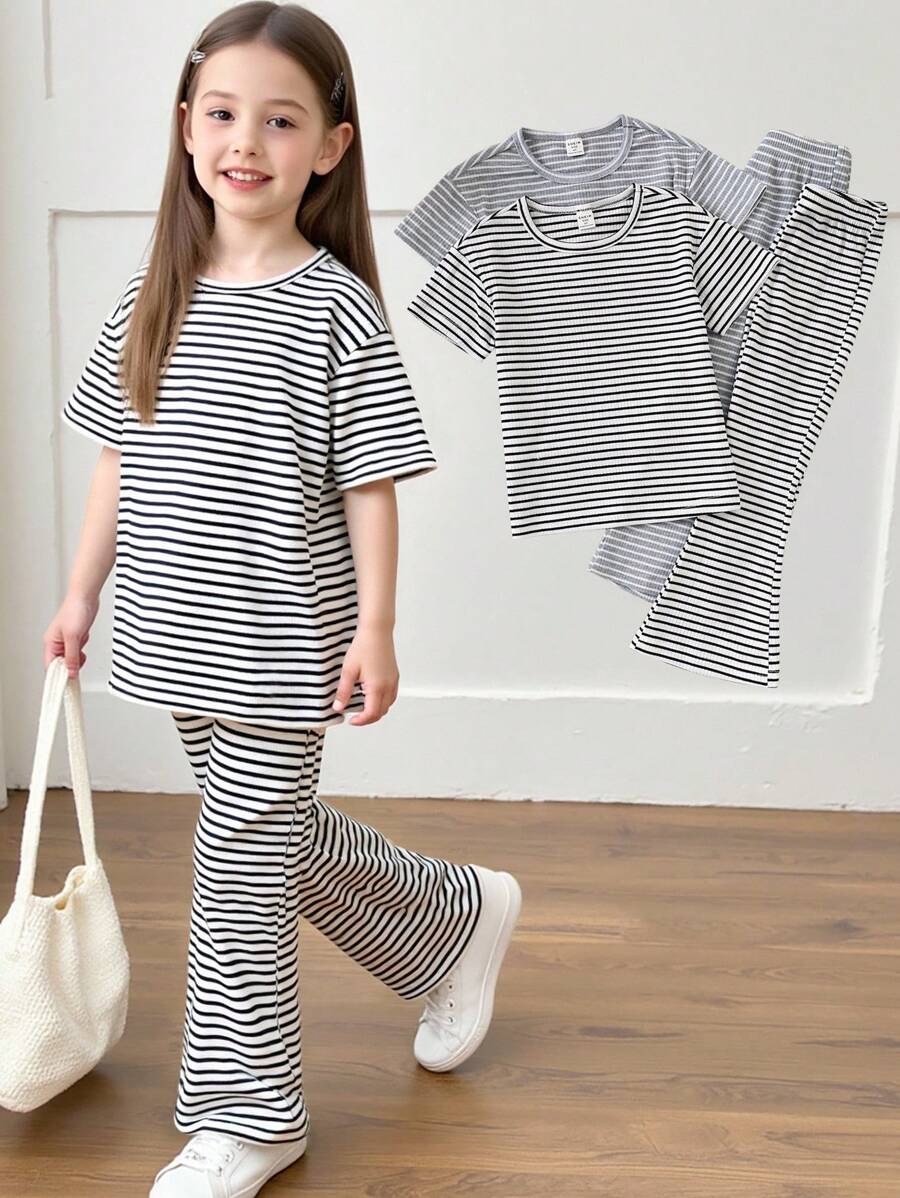SHEIN 2pcs/Set Young Girls Elastic Striped Short Sleeve T-Shirt & Bell-Bottom Pants Outfit, Summer - Multicolor - View 1