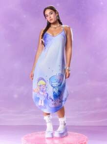 Pop Mart Azura X SHEIN 加大码卡通图案细肩带夏装 - 紫色 - 查看 1