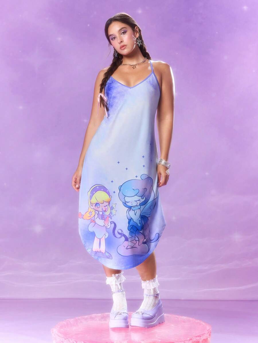 Pop Mart Azura X SHEIN 加大码卡通图案细肩带夏装 - 紫色 - 查看 1