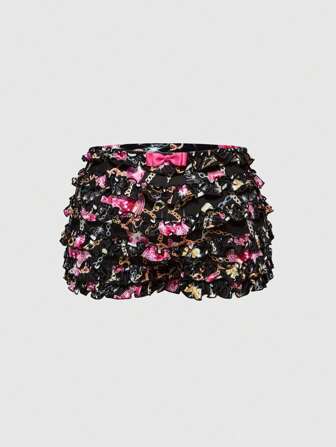 J-Fashion Ladies' Plus Size Color Block Bow Design Cake Style Ruffle Detail Shorts