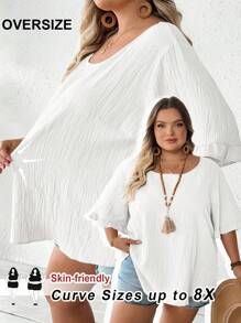 SHEIN CURVE+ 大码女式卡其色荷叶边短袖衬衫，宽松休闲下摆，适合日常及度假穿着，夏季，大码身材，波西米亚风度假/乡村/海滩度假/沙滩装 - 白色 - 查看 8