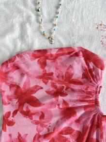 SHEIN Rochie scurtă cu imprimeu floral tropical, cu funde, model preadolescent, stil vară și eleganță, ținute asortate pentru mami și cu mine