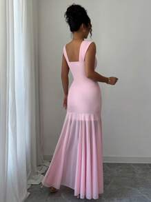 Elenzga Robe longue élégante femme pratique et décontractée, charmante pour les vacances, la remise des diplômes, les festivals de musique. Robe femme douce à fines bretelles, avec ceinture à la taille, jupe évasée et empiècements en maille, couleur unie - Rose pâle - Voir 2