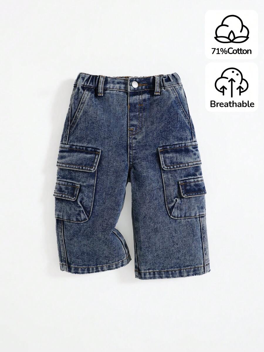 SHEIN Baby Boys Retro Vintage Stonewashed Cargo Pocket Baggy Blue Jeans,Casual And Versatile For Baby Boys Indoor/Outdoor Fall And Winter Clothes - Medium Wash - View 1
