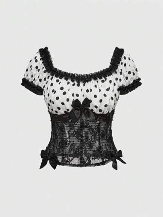 Grunge Punk Damen Y2K Polka Dot Top mit Kontrast-Spitzenbluse