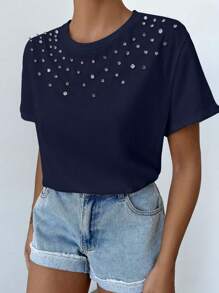 Camiseta de cuello redondo de manga corta con decoración de rhinestones para mujer