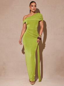 Silquee 女式纯色不对称领口褶饰修身侧开衩长裙 - 青檸色 - 查看 3