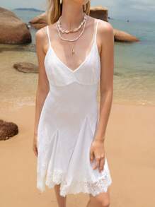 Lumivelle 女式性感蕾丝拼布不对称下摆细肩带夏季连衣裙