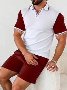 Manfinity Homme Men's Summer Striped Short Sleeve Polo Shirt And Shorts Casual Set - White - View 4