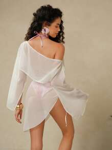 Swim Chiccia Conjunto de Top Cropped de Chiffon de Manga Longa com Ombro Caído e Mini Saia Combinando, Estilo de Verão - Branco - Visão 2