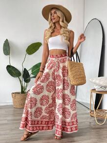 Chiquease Pantalones de pierna ancha con estampado floral y cintura de encaje para mujer, elegantes y casuales, ideales para la playa, vacaciones, festivales de música, escuela, viajes y uso diario