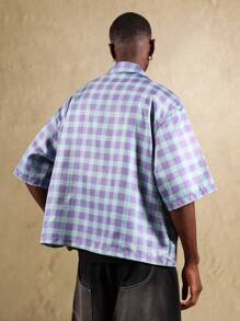 SUMWON 超大宽松版型纽扣衬衫格子街头休闲周末个性图案短袖夏季春季 - 紫色 - 查看 2