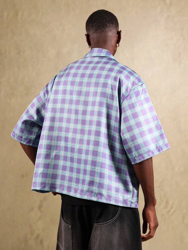 Oversized Boxy Fit Plaid Graphic Button Down Shirts