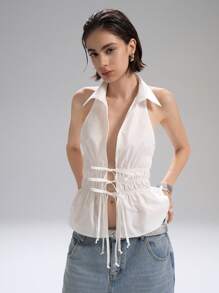 LYSMO White Summer Seksi Chic Club Night Women's Halter Neck Backless Gathered Waist Slim-Fit A-Line Tie-Front Shirt,Siren Chic Office Casual Workwear Top - White - View 1