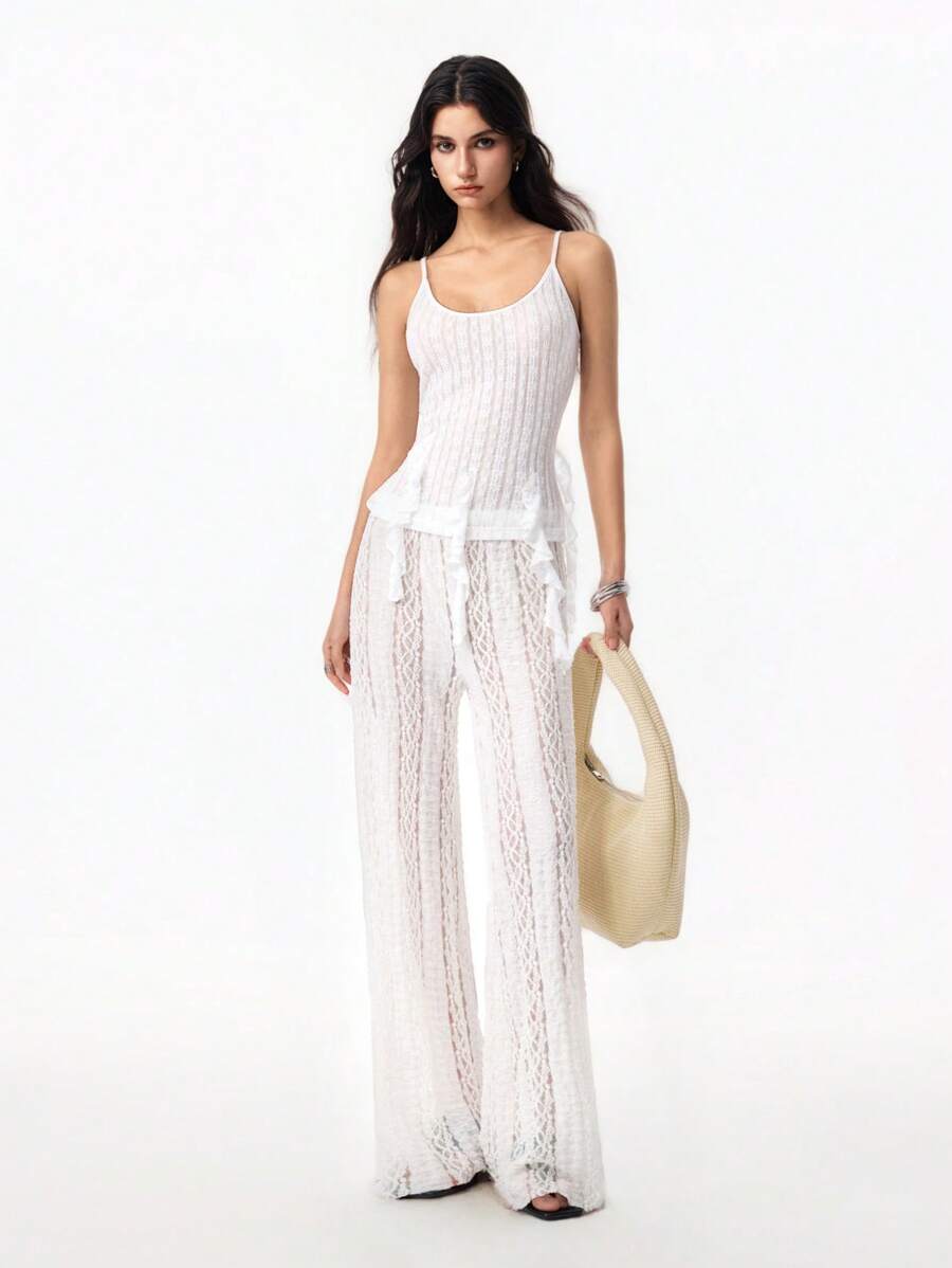 LYSMO 2025 Women's High-End Fashion White Lace Textured Scalloped Edge Hollow Camisole,Elegant Summer Vacation Bohemian Style Casual Everyday Wear Top - White - View 1